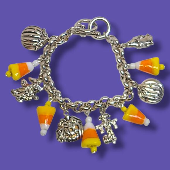 Vintage Silver Tone Halloween Charm Bracelet Glass Candy Corns Pumpkins 8" - Picture 1 of 6